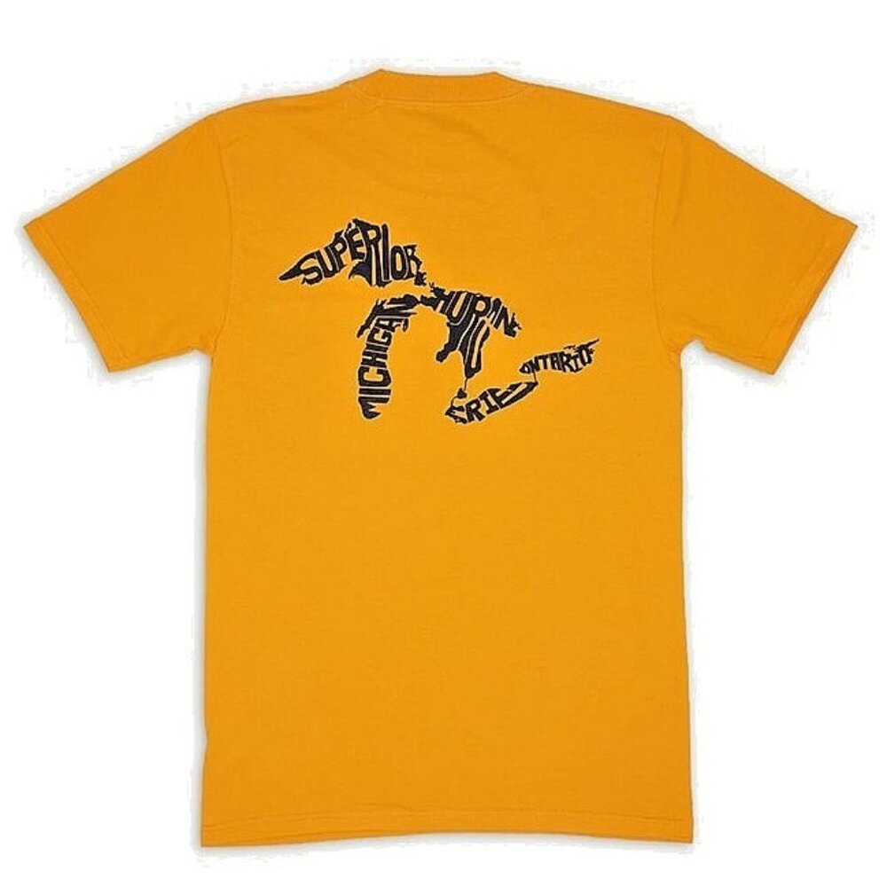 Michigan Great Lakes Map T-Shirt Men's Size Large Gold Heavy Duty Pocket Tee